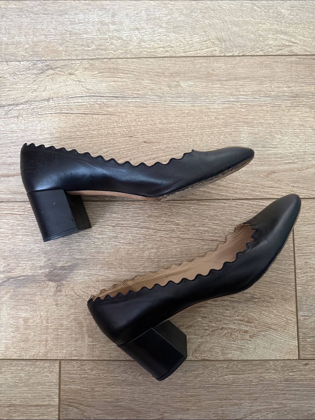 Chloe Black Scalloped Block Heel Pumps